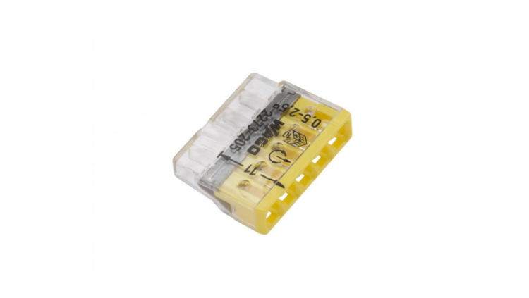 WAGO 2273-205 – złączka instalacyjna 5x 0,5–2,5 mm², COMPACT Push-wire, transparentna, żółte oznaczenie