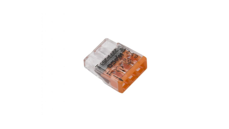 WAGO 2273-203 – złączka instalacyjna 3x 0,5–2,5 mm², COMPACT Push-wire, transparentna, pomarańczowe oznaczenie
