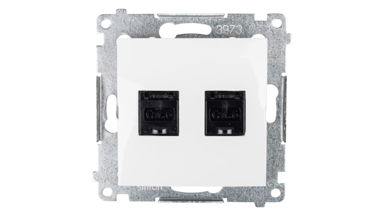 Simon 54 D62.01/11 gniazdo komputerowe podwójne 2×RJ45 Cat.6 UTP białe z przysłoną przeciwkurzową podtynkowe IP20.