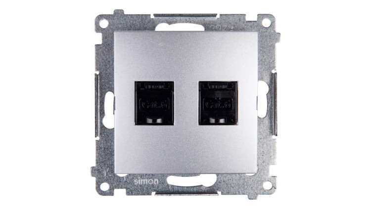 Simon 54 D62.01/43 gniazdo komputerowe podwójne 2×RJ45 Cat.6 srebrny mat z przysłoną przeciwkurzową podtynkowe IP20.