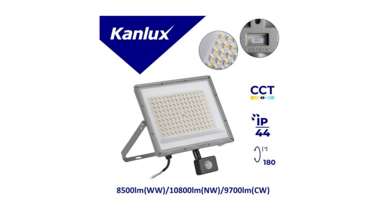 Naświetlacz LED Kanlux ACETE 100W CCT SE GR 38499, 8500–10800 lm, 3000K/4000K/6500K, IP44, aluminiowy szary, czujnik PIR