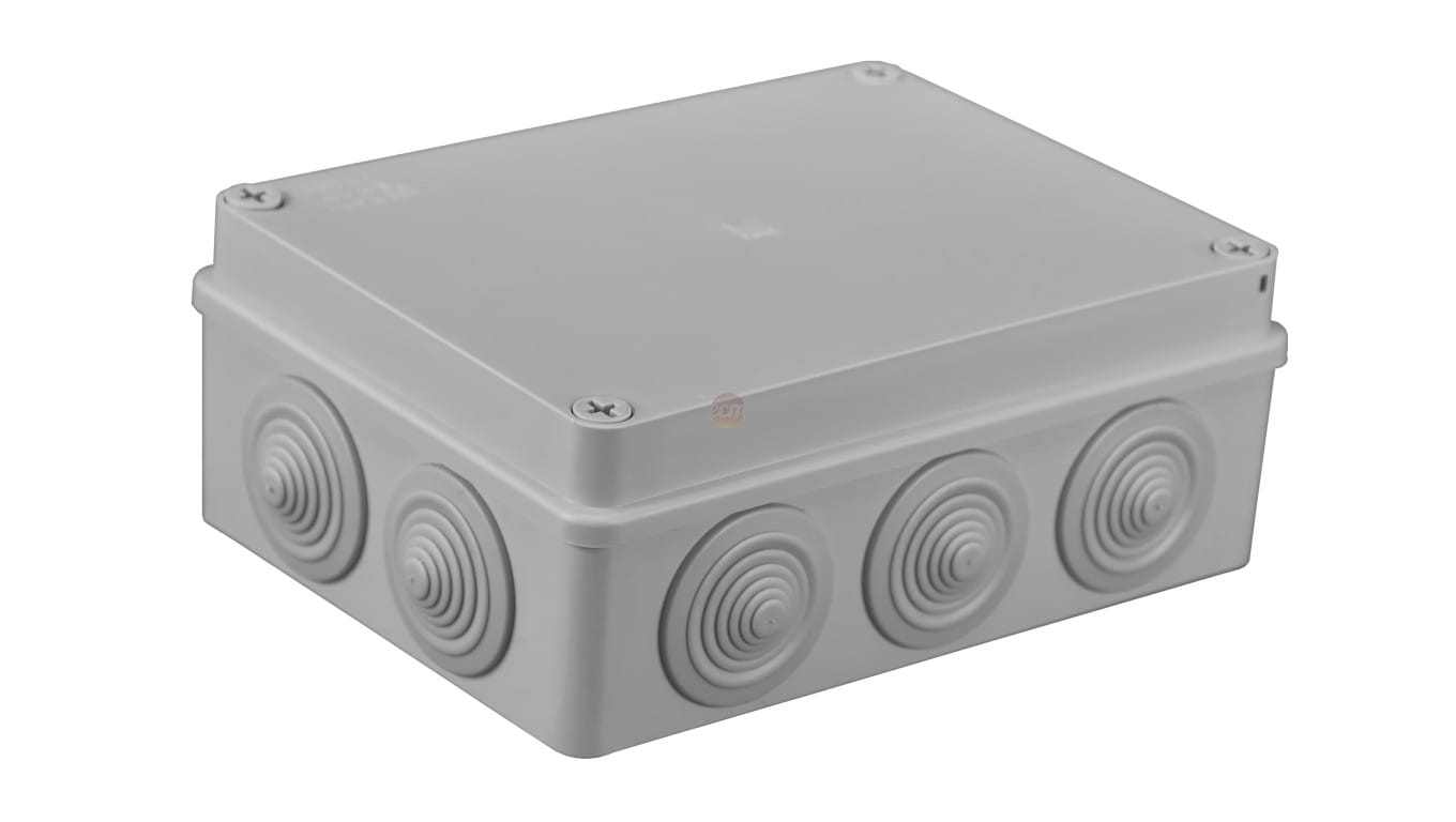 Widok z przodu puszki hermetycznej S-BOX 406, szara, IP65, 10 dławnic
