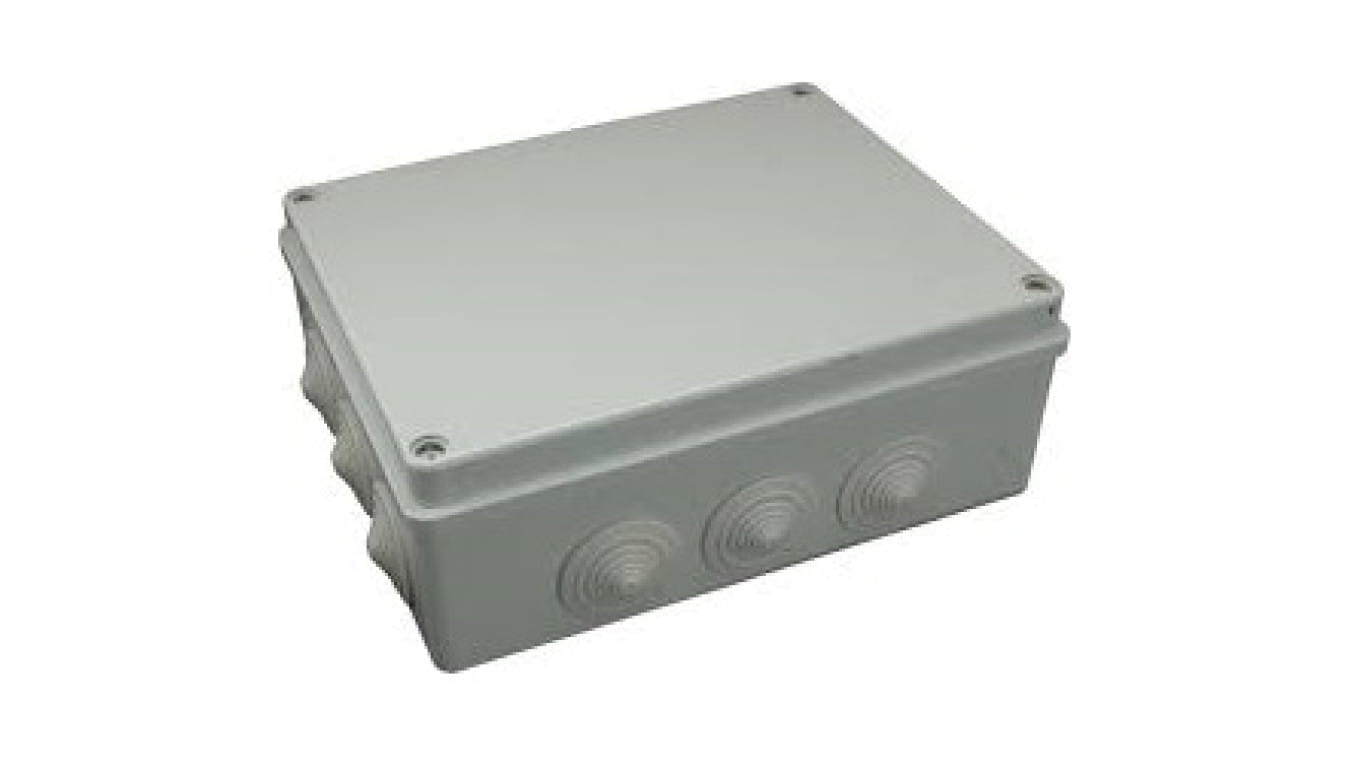 Widok z przodu puszki hermetycznej S-BOX 506, szara, IP65, 12 dławnic