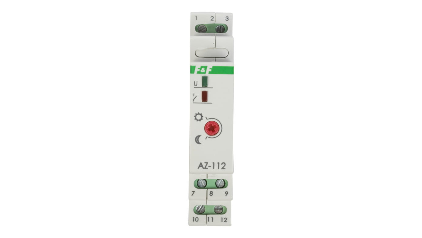 Automat zmierzchowy F&F AZ-112 do montażu na szynie DIN. Zasilanie 230 V AC, obciążalność 16 A, regulacja progu 2–1000 lx, czujnik zewnętrzny IP65.