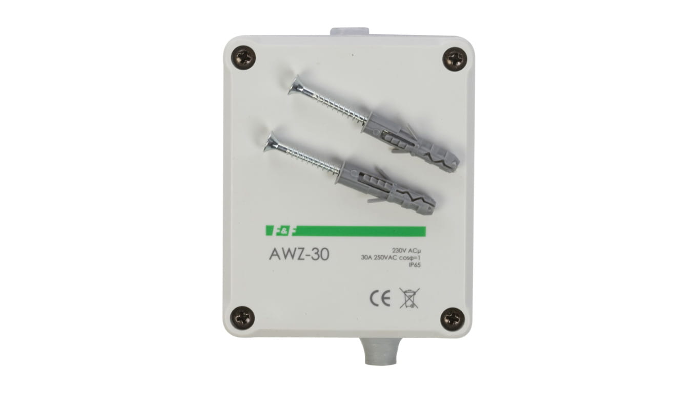 Automat zmierzchowy F&F AWZ-30 zewnętrzny. Zasilanie 230 V AC, obciążalność 30 A, regulacja progu zadziałania 2–1000 lx, obudowa odporna IP65.