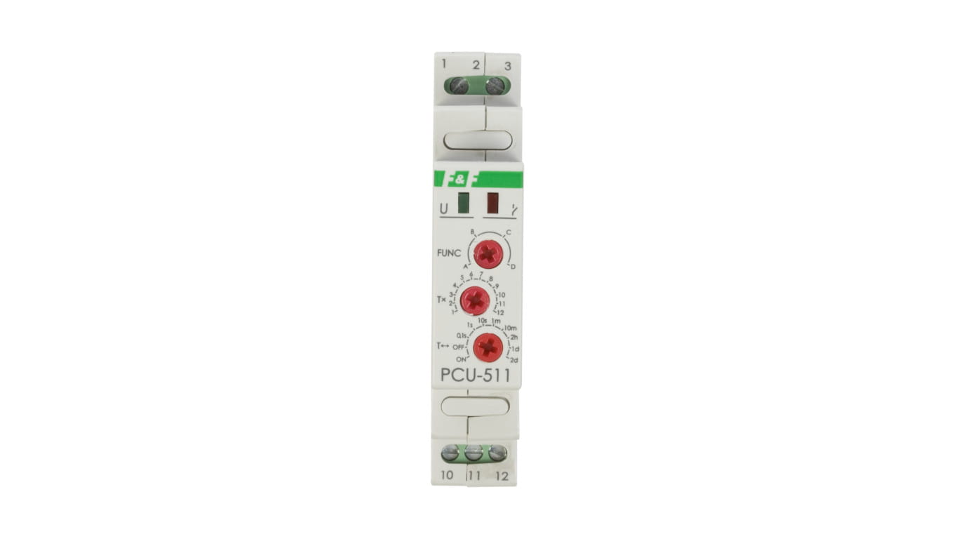 Przekaźnik czasowy F&F PCU-511 o dziesięciu funkcjach pracy. Zasilanie 230 V AC, zakres regulacji 0,1 s – 576 h, obudowa modułowa 1M, jedno wyjście przełączne 8 A.