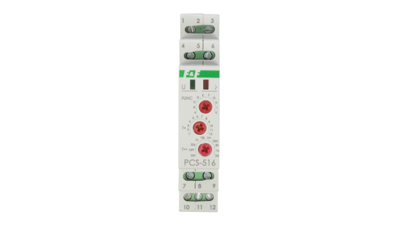 Przekaźnik czasowy F&F PCS-516DUO o dziesięciu funkcjach pracy. Zasilanie 230 V AC lub 24 V AC/DC, zakres regulacji 0,1 s – 576 h, obudowa 1 moduł na szynę DIN, jedno wyjście przełączne 8 A.