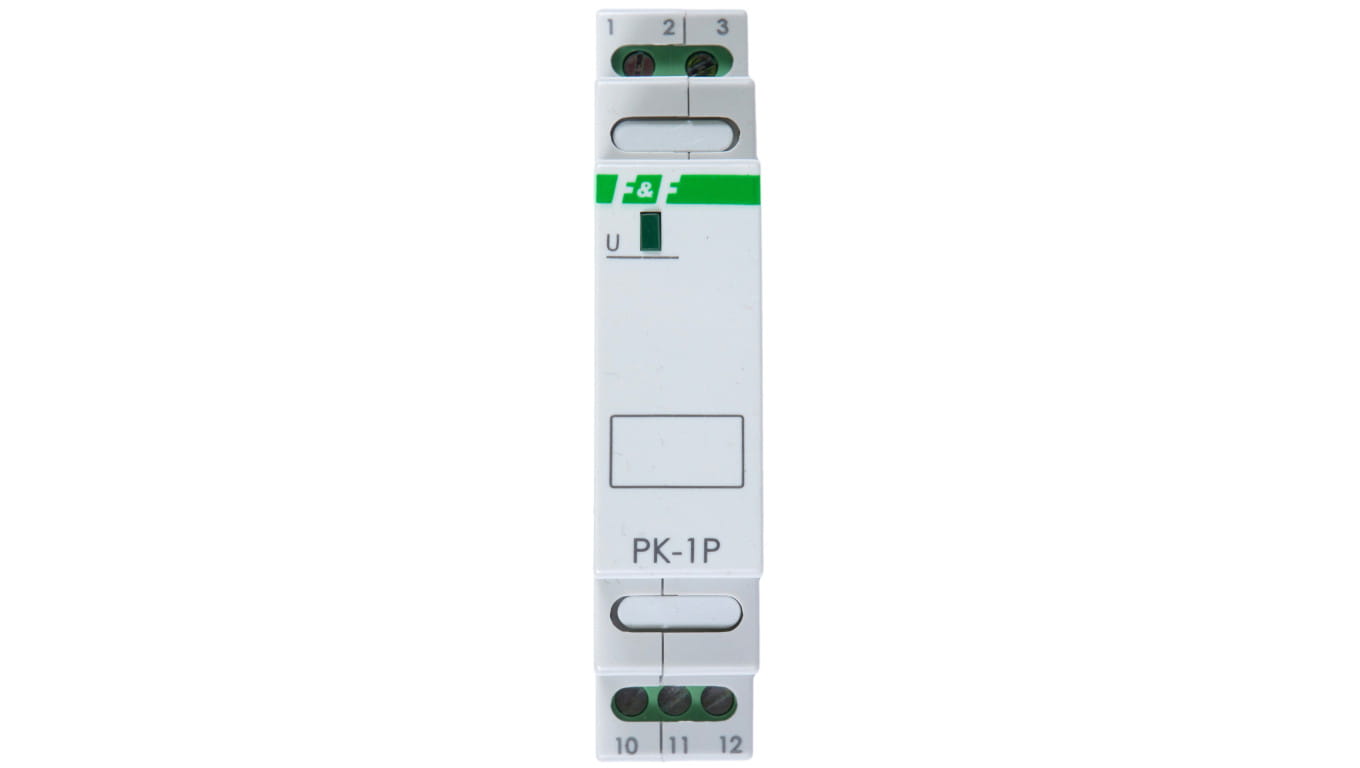 Przekaźnik F&F PK-1P-12V do sterowania odbiornikami 12 V AC/DC. Obudowa modułowa 17,5 mm, montaż na szynę DIN, jedno wyjście przełączne 16 A, opcjonalna dioda LED sygnalizująca stan pracy.
