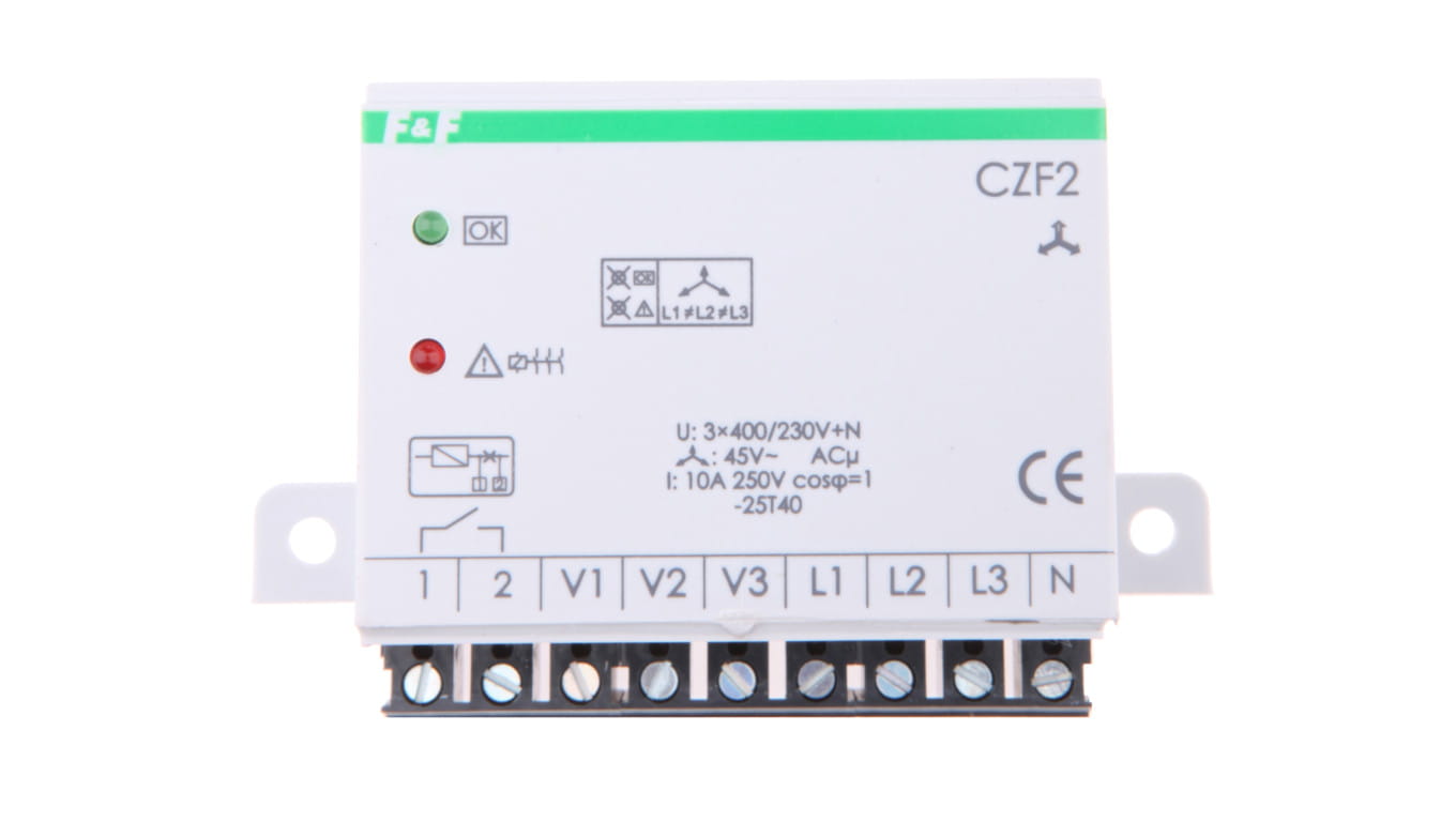 Przekaźnik F&F CZF-2 do ochrony silników i urządzeń trójfazowych. Obudowa modułowa o szerokości 45 mm, montaż na szynie DIN, regulacja opóźnienia i sygnalizacja LED.