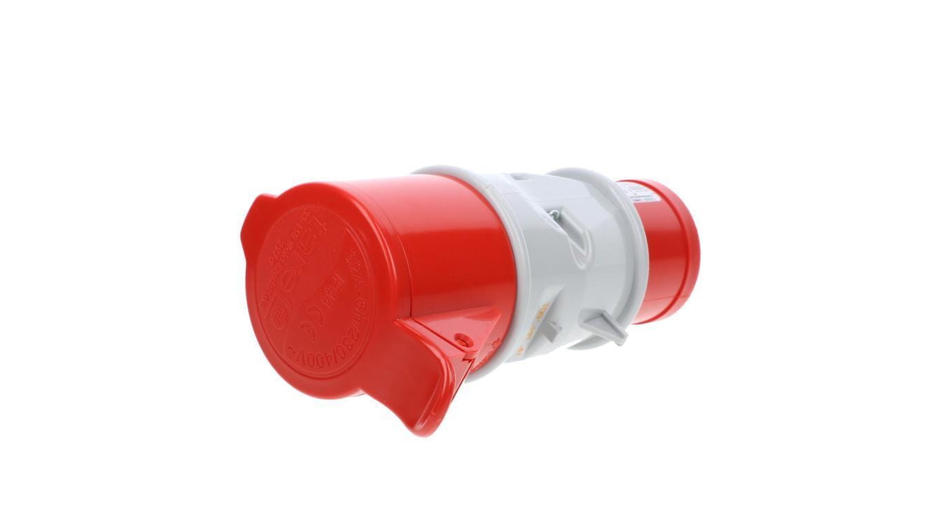Czerwony adapter przemysłowy z wtykiem 16A 5-bolcowym i gniazdem 32A 5-bolcowym.