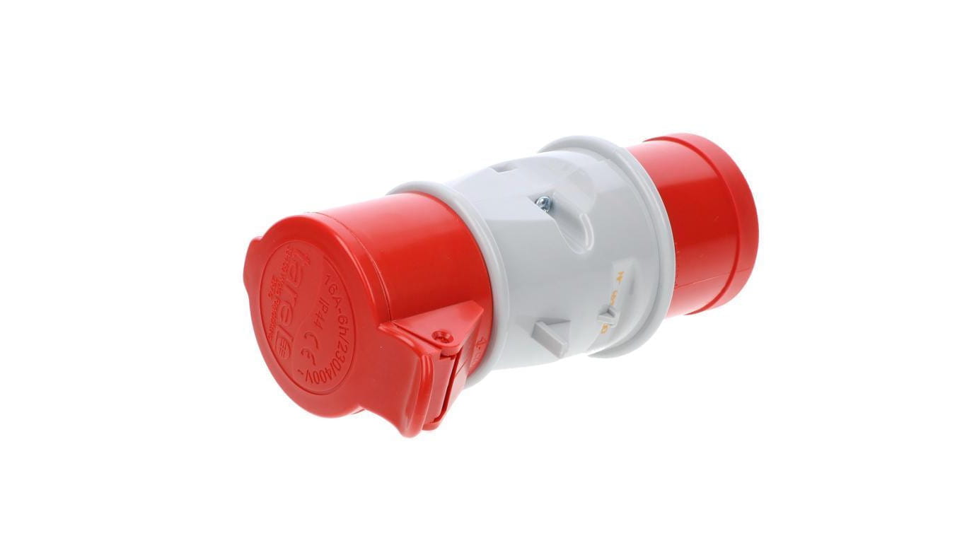 Czerwony adapter przemysłowy z wtykiem 32A 5-bolcowym i gniazdem 16A 5-bolcowym.