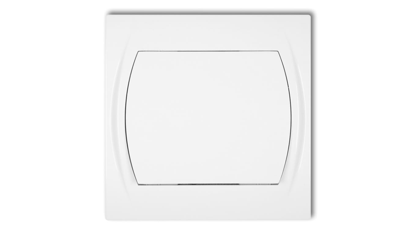 Na zdjęciu biały łącznik jednobiegunowy Karlik LOGO LWP-1, wersja podtynkowa, pojedyncza.
