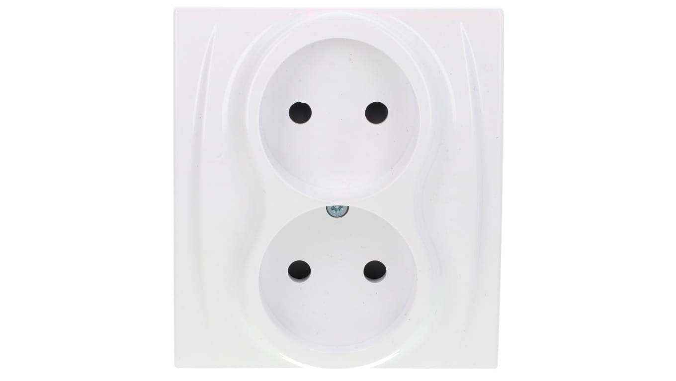 Na zdjęciu białe, podtynkowe gniazdo Karlik LOGO LGP-2p – wersja podwójna, bez bolca ochronnego.