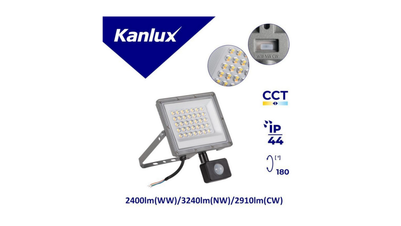 Szary naświetlacz LED Kanlux ACETE 30W z czujnikiem PIR – widok z przodu