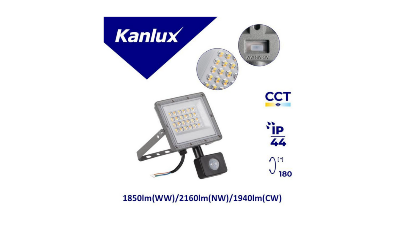Szary naświetlacz LED Kanlux ACETE 20W z czujnikiem PIR – widok z przodu